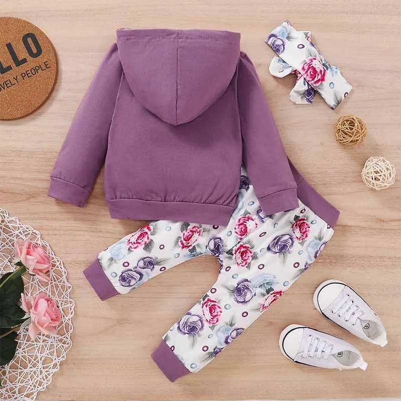 3-piece Letter Pattern Hoodie & Pants & Headband for Baby Girl