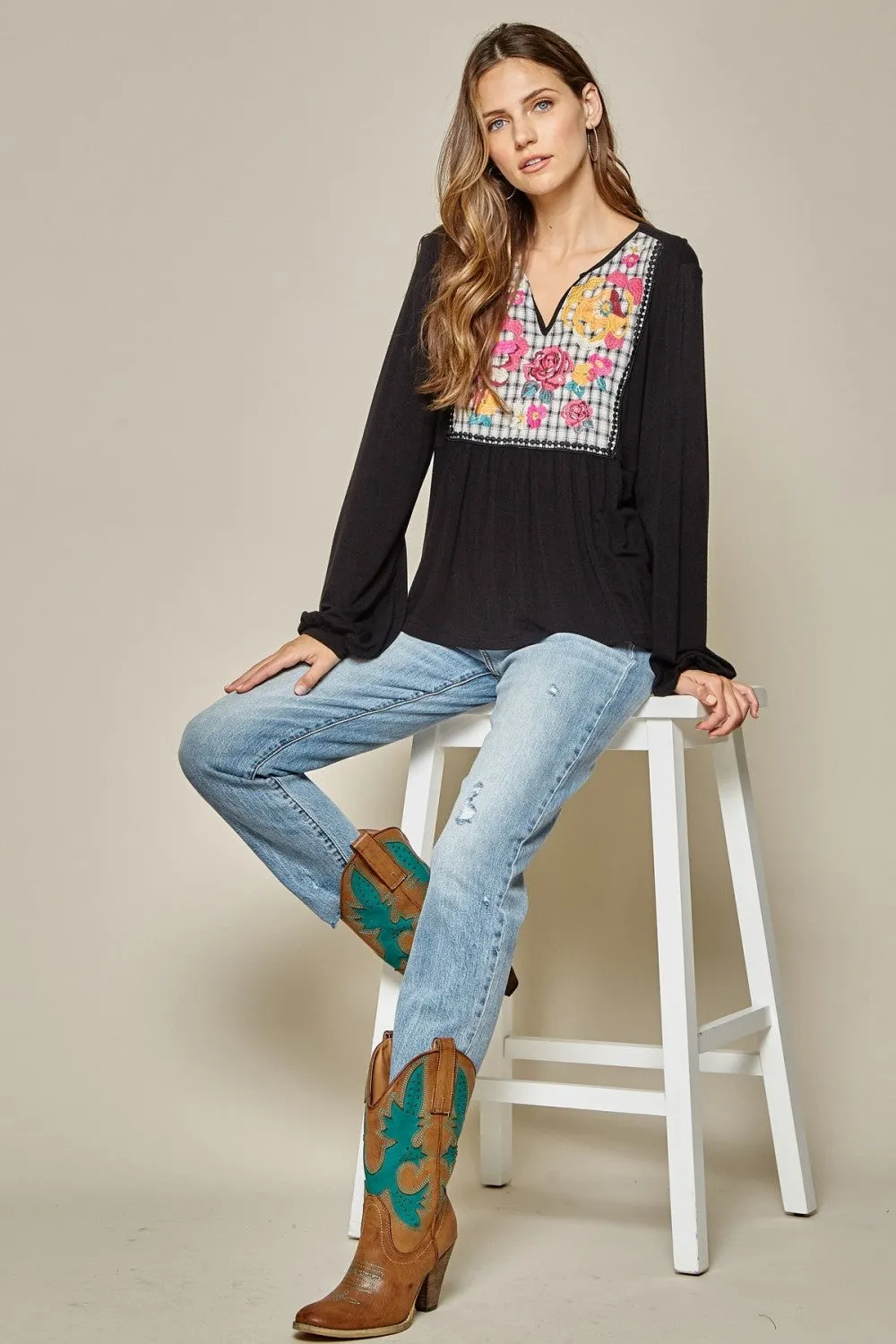 Embroidered Plaid Babydoll Top