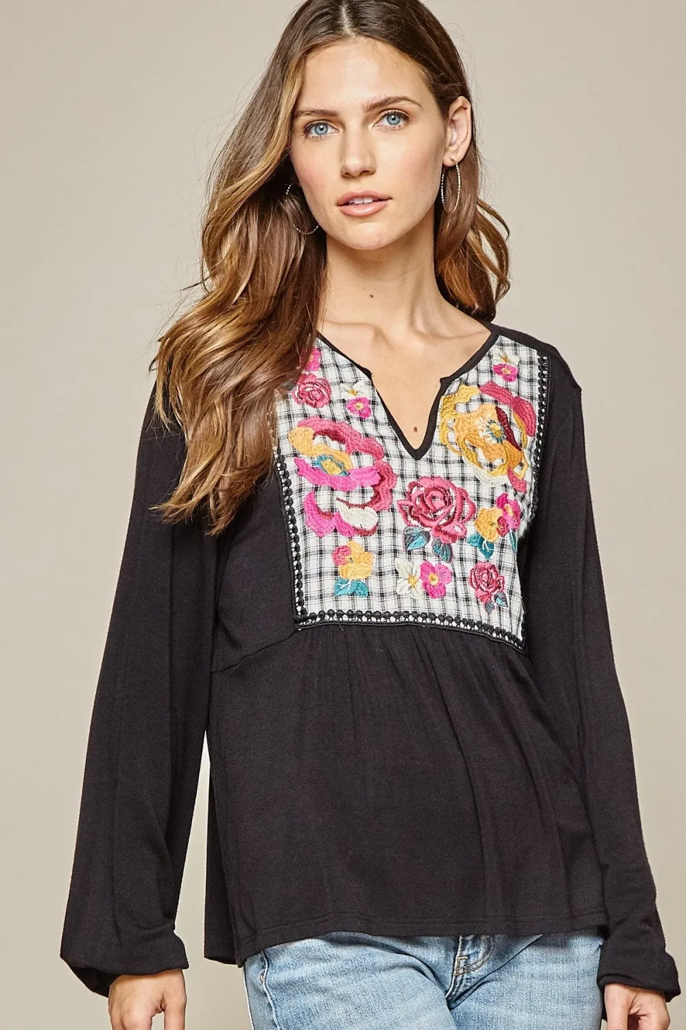 Embroidered Plaid Babydoll Top