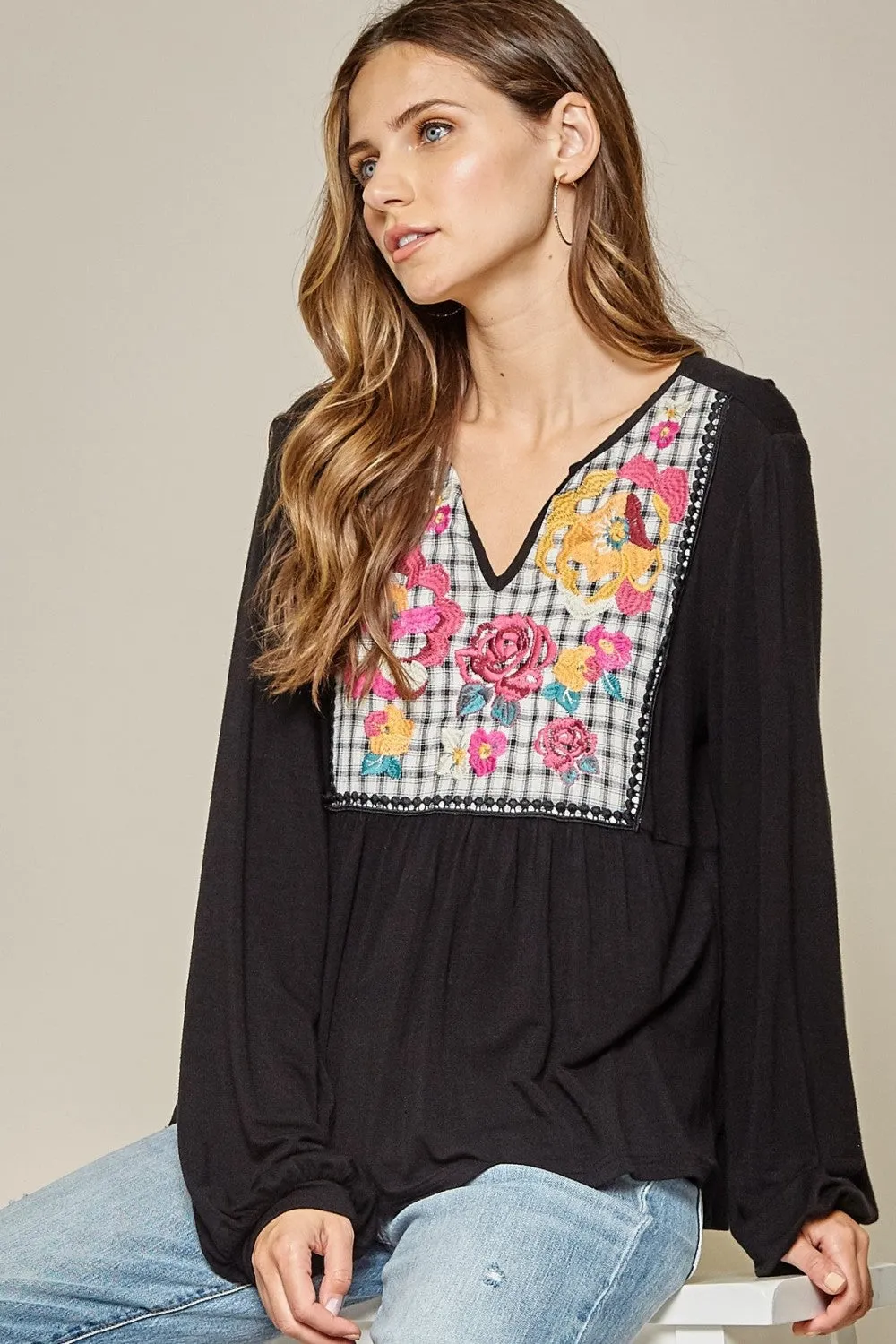 Embroidered Plaid Babydoll Top