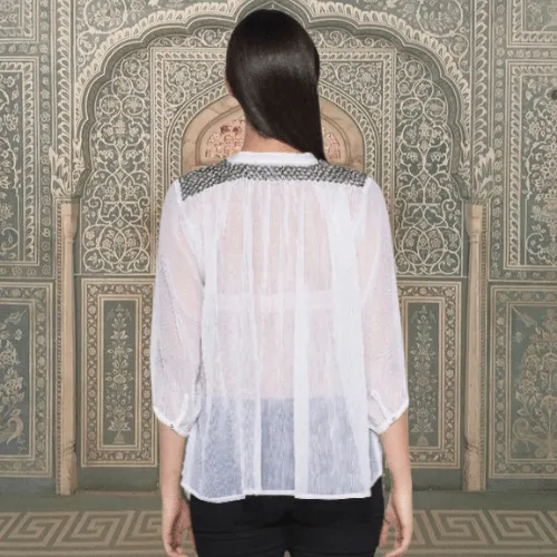 Leaf Embroidered Sheer Top