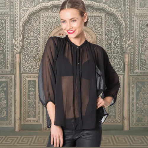 Leaf Embroidered Sheer Top