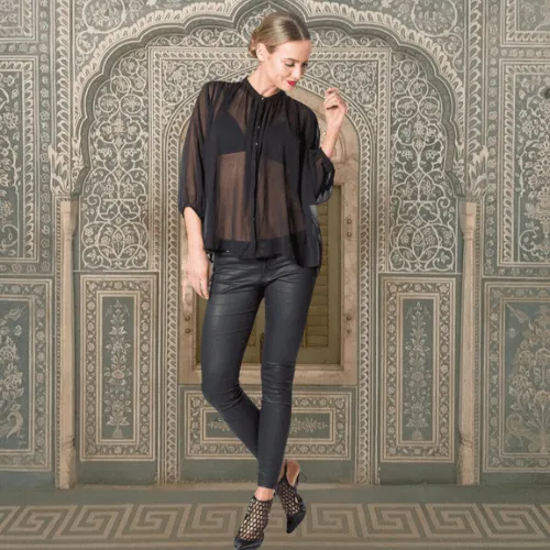 Leaf Embroidered Sheer Top