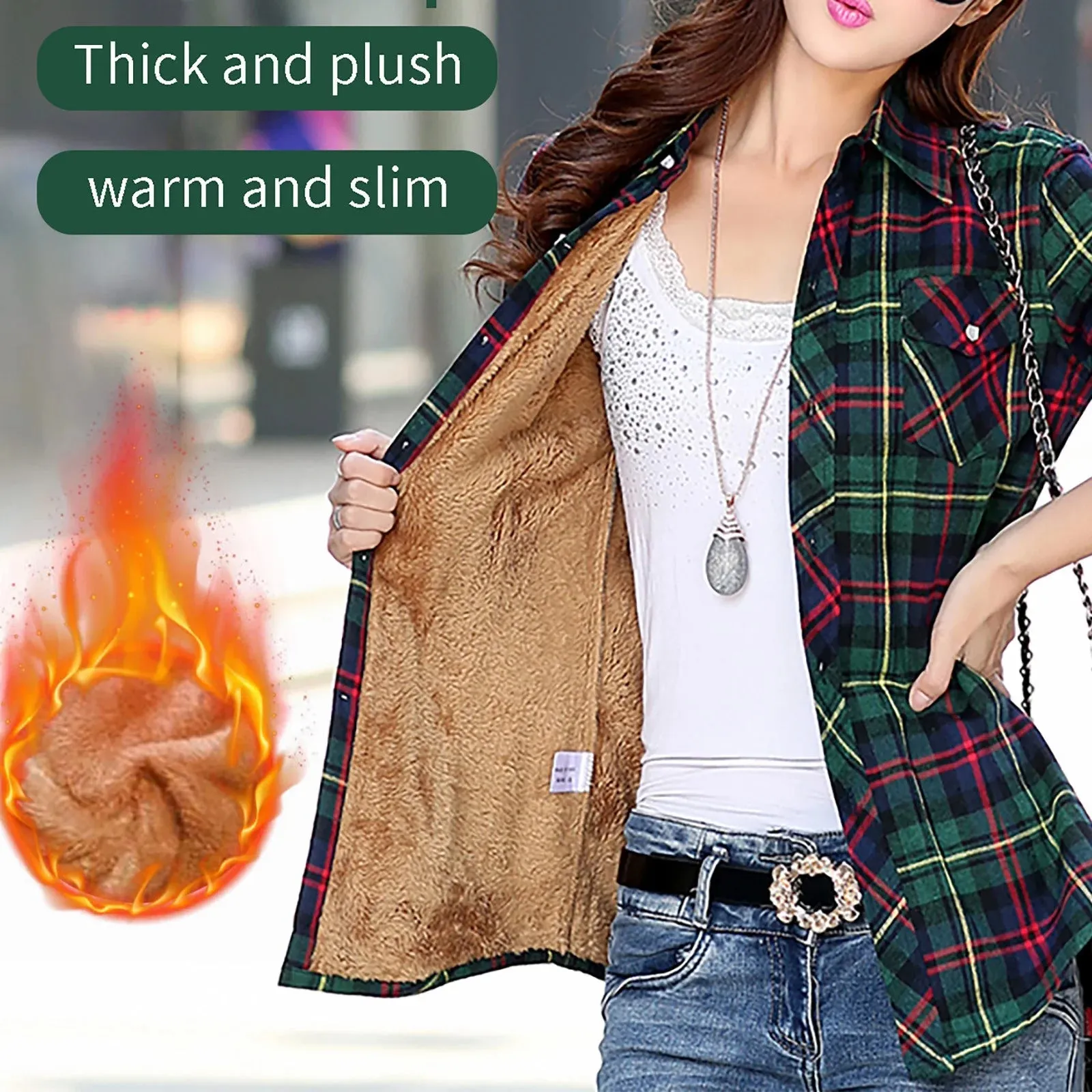 Plaid Shirts for Women Flannel plus Size Long Sleeve Blouses Button down Thicken Warm Slim Shacket Jacket with Pockets