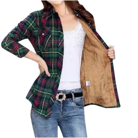 Plaid Shirts for Women Flannel plus Size Long Sleeve Blouses Button down Thicken Warm Slim Shacket Jacket with Pockets