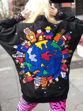 Vintage 80s Colorful Silk People of the World Patchwork Avant Garde Oversized Kimono Jacket