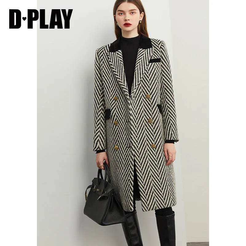 Winter wool tweed black and white herringbone  long coat - Cassie