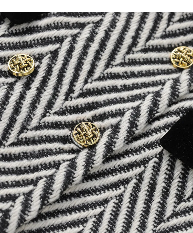 Winter wool tweed black and white herringbone  long coat - Cassie