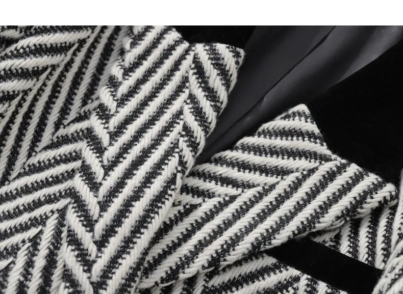 Winter wool tweed black and white herringbone  long coat - Cassie