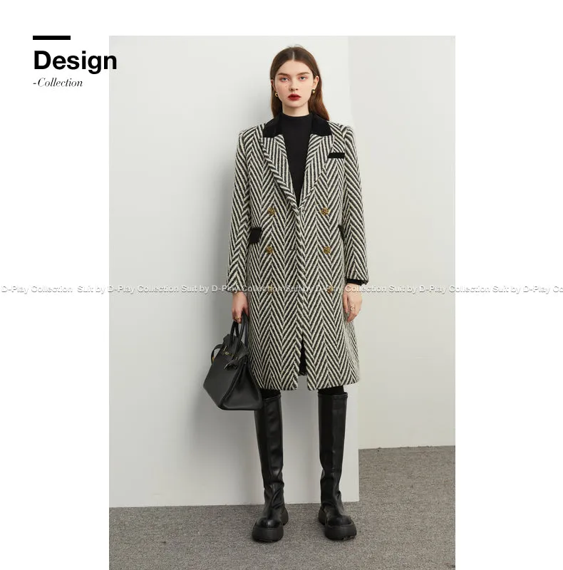 Winter wool tweed black and white herringbone  long coat - Cassie