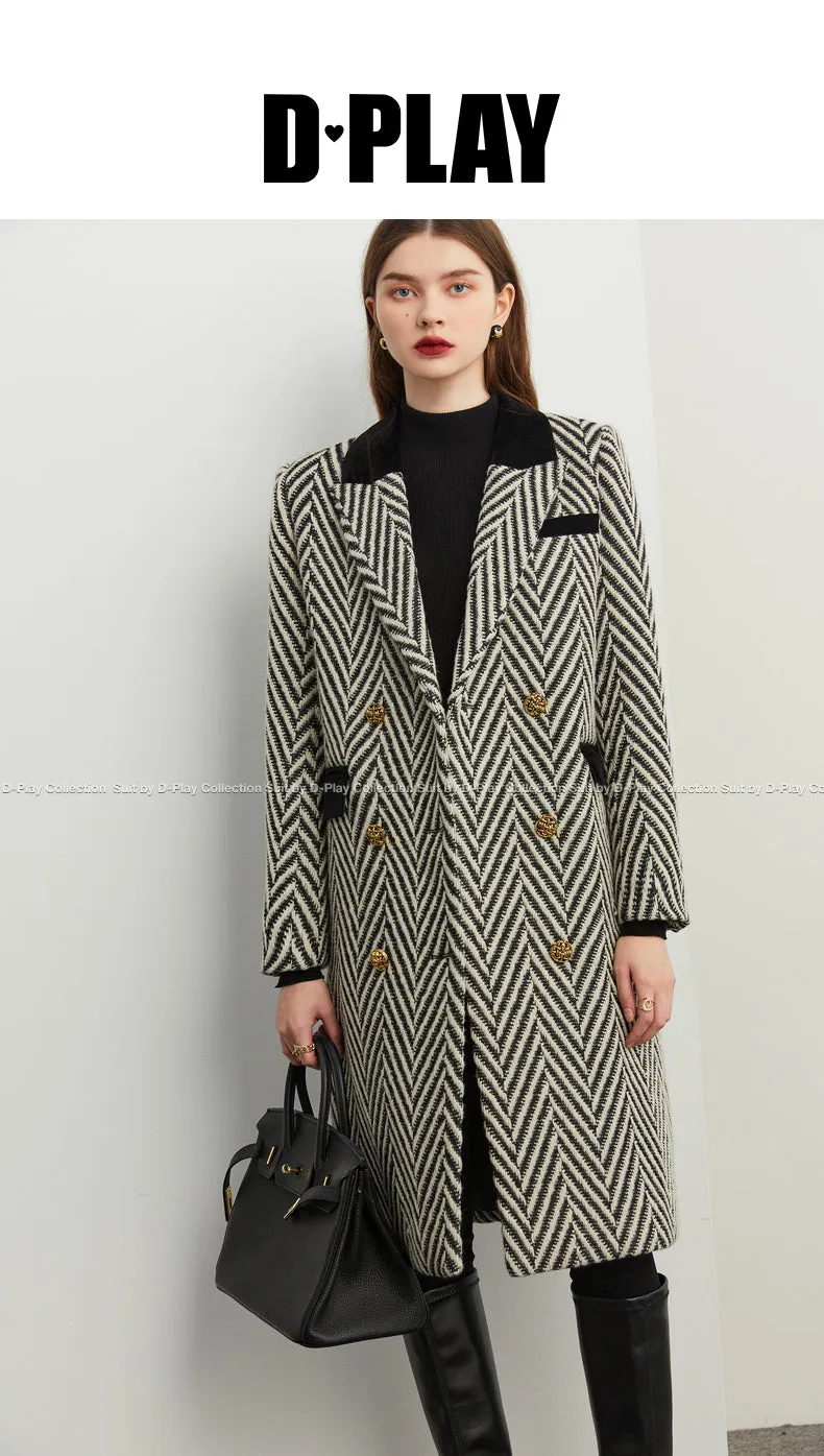 Winter wool tweed black and white herringbone  long coat - Cassie