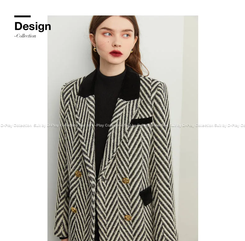 Winter wool tweed black and white herringbone  long coat - Cassie