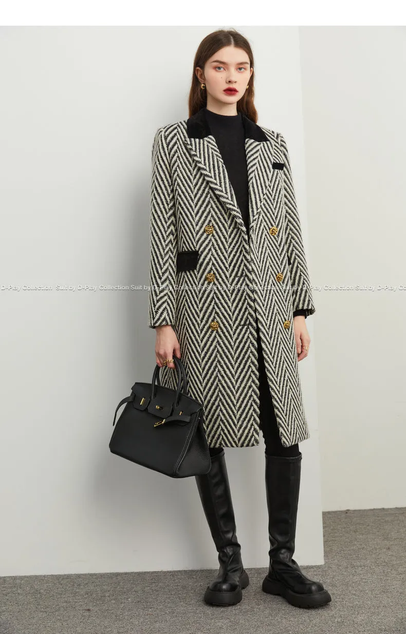 Winter wool tweed black and white herringbone  long coat - Cassie