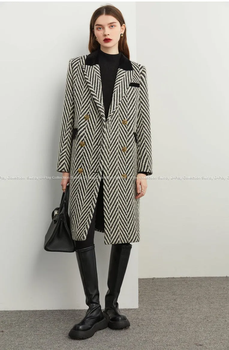 Winter wool tweed black and white herringbone  long coat - Cassie