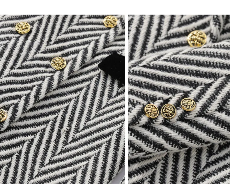 Winter wool tweed black and white herringbone  long coat - Cassie