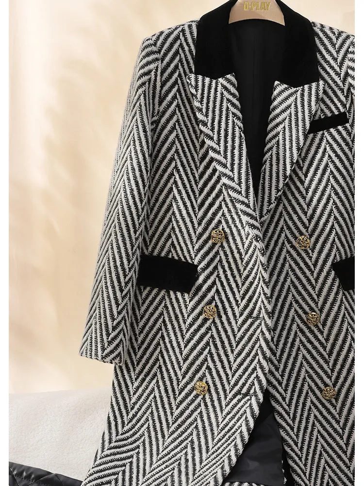 Winter wool tweed black and white herringbone  long coat - Cassie