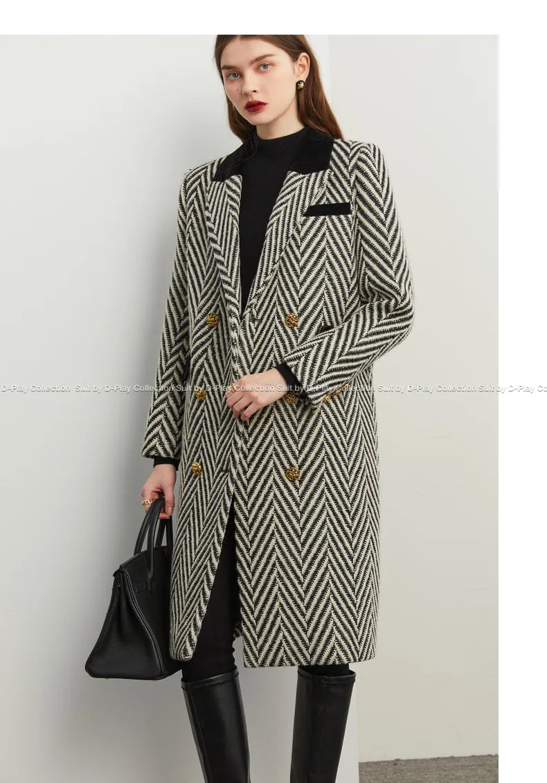 Winter wool tweed black and white herringbone  long coat - Cassie