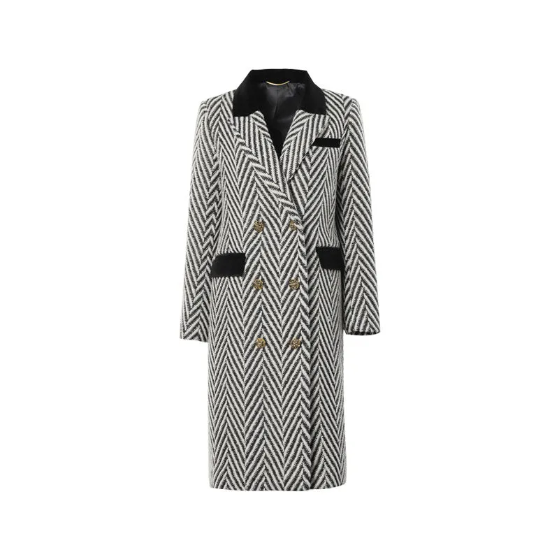 Winter wool tweed black and white herringbone  long coat - Cassie