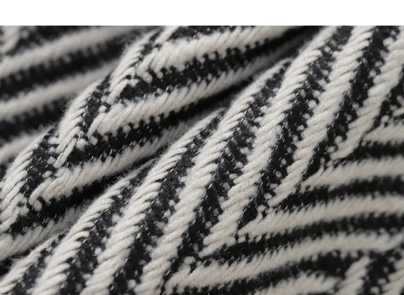 Winter wool tweed black and white herringbone  long coat - Cassie