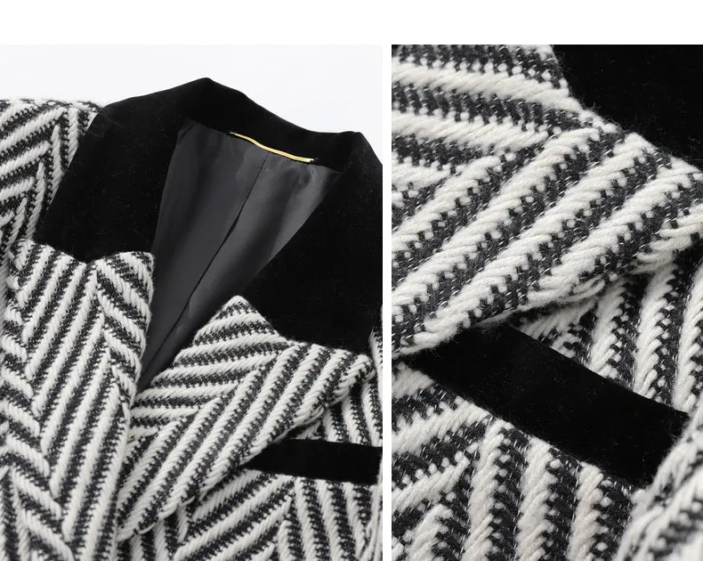 Winter wool tweed black and white herringbone  long coat - Cassie
