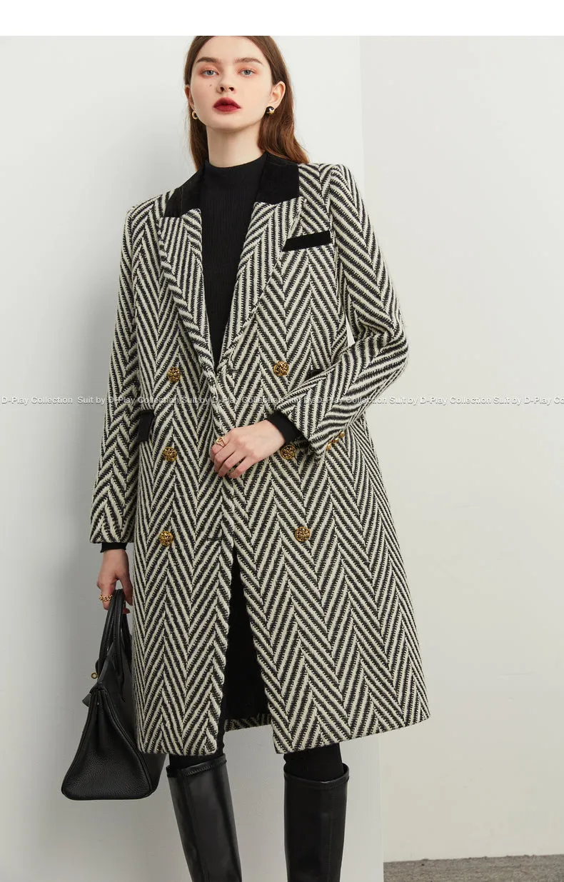 Winter wool tweed black and white herringbone  long coat - Cassie