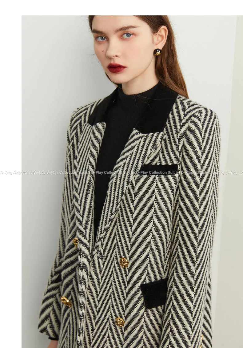 Winter wool tweed black and white herringbone  long coat - Cassie