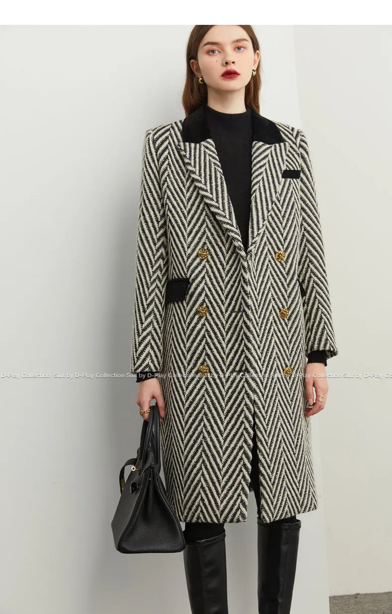 Winter wool tweed black and white herringbone  long coat - Cassie
