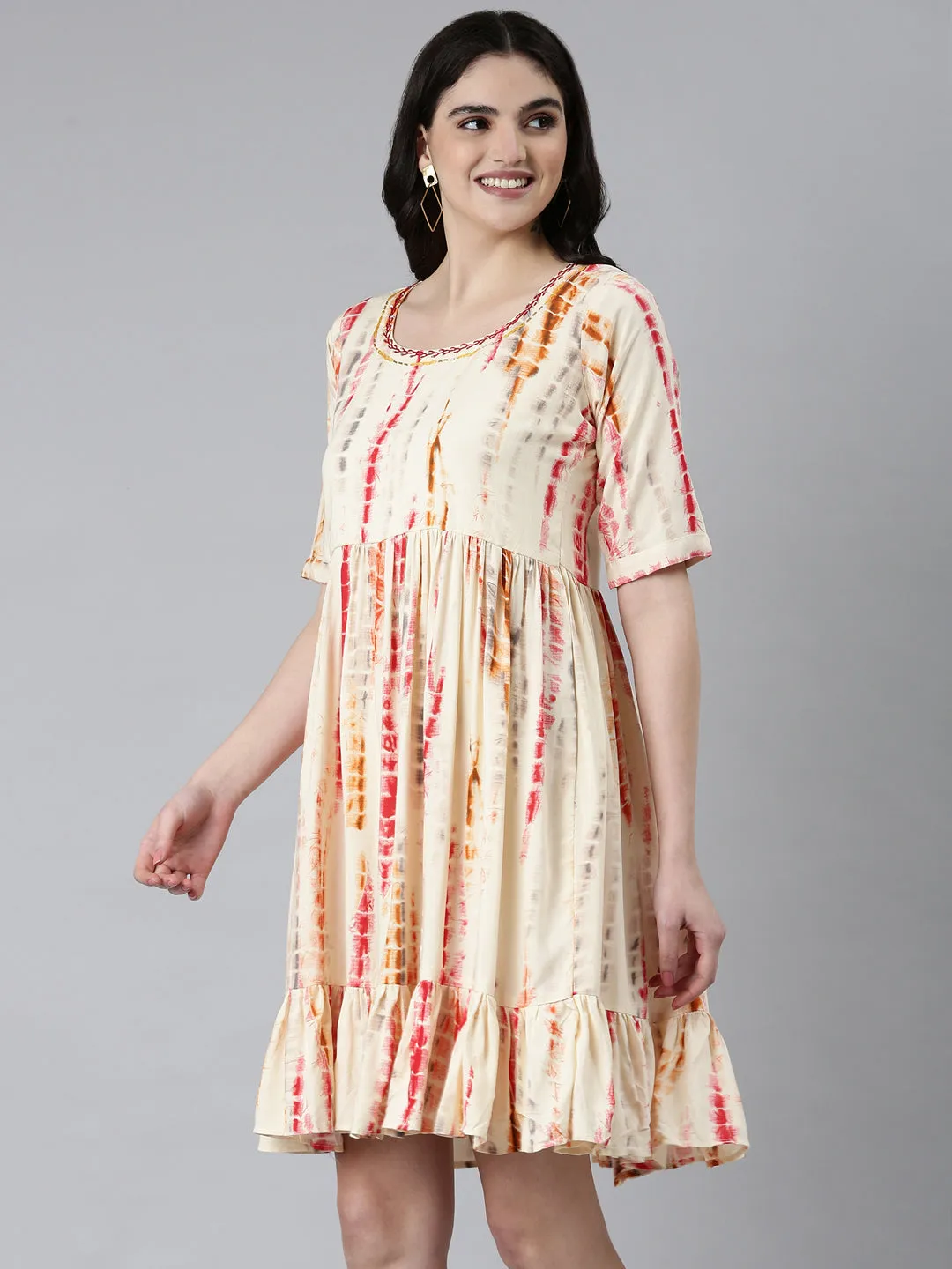 Women Cream Tie Dye Fit and Flare Kurti