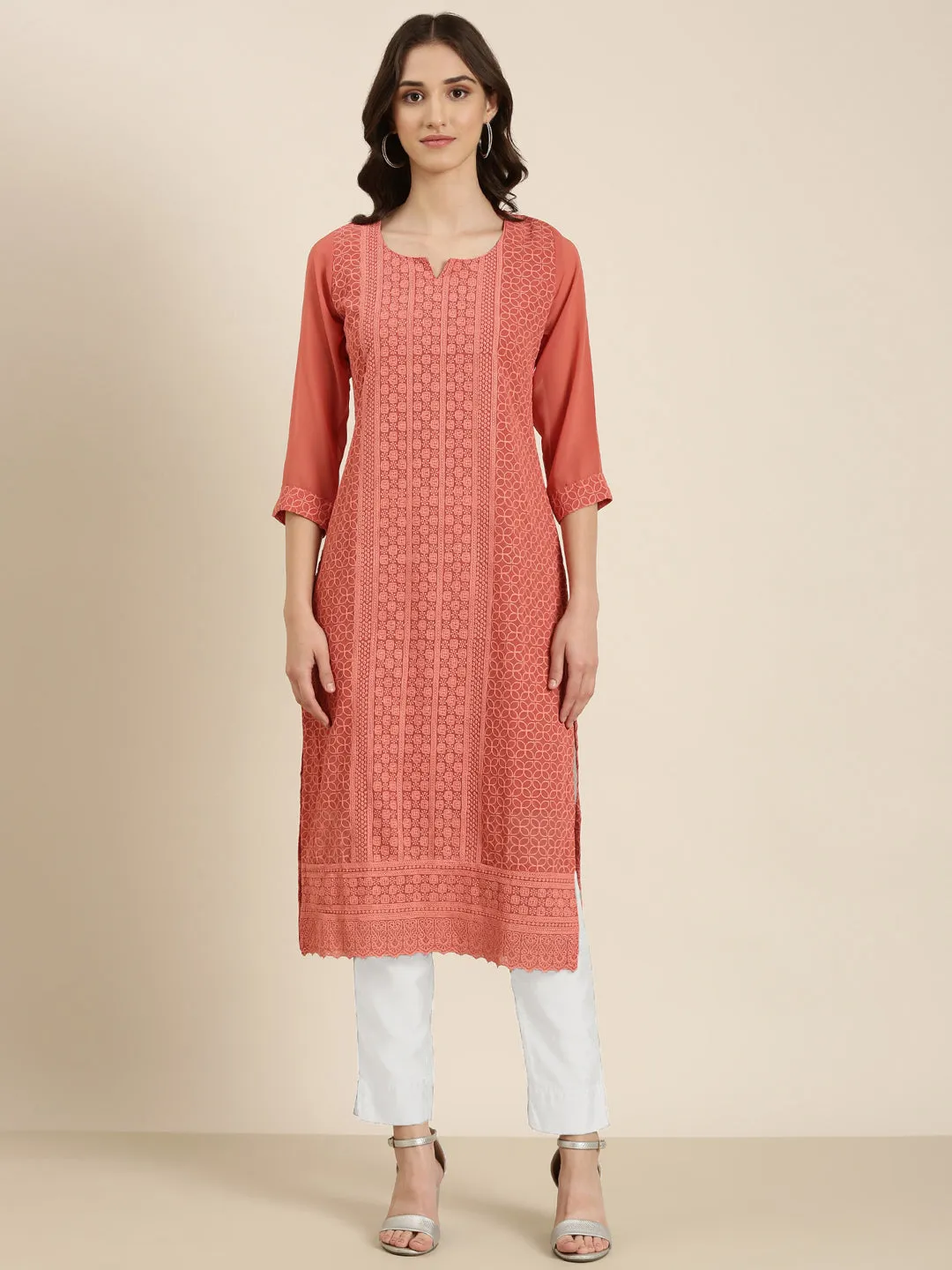 Women Peach Embellished Straight Kurta